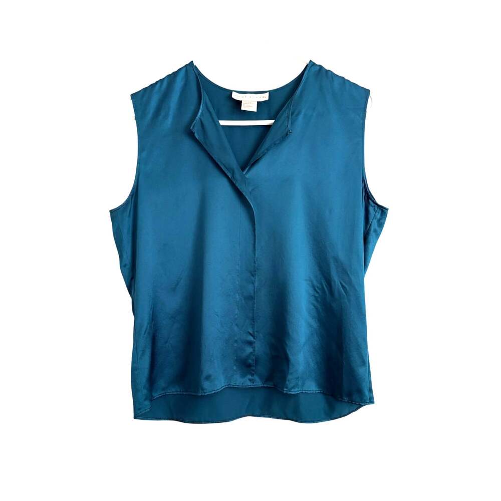 VTG Doncaster 100% Silk Satin Sleeveless Blouse V-Neck Teal Size 6 Quiet Luxury